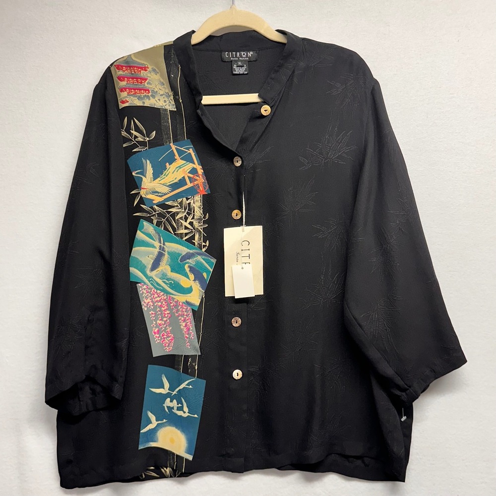 Citron Santa Monica Silk Blouse Women XL Black Bamboo Jacquard Art Panel Vintage